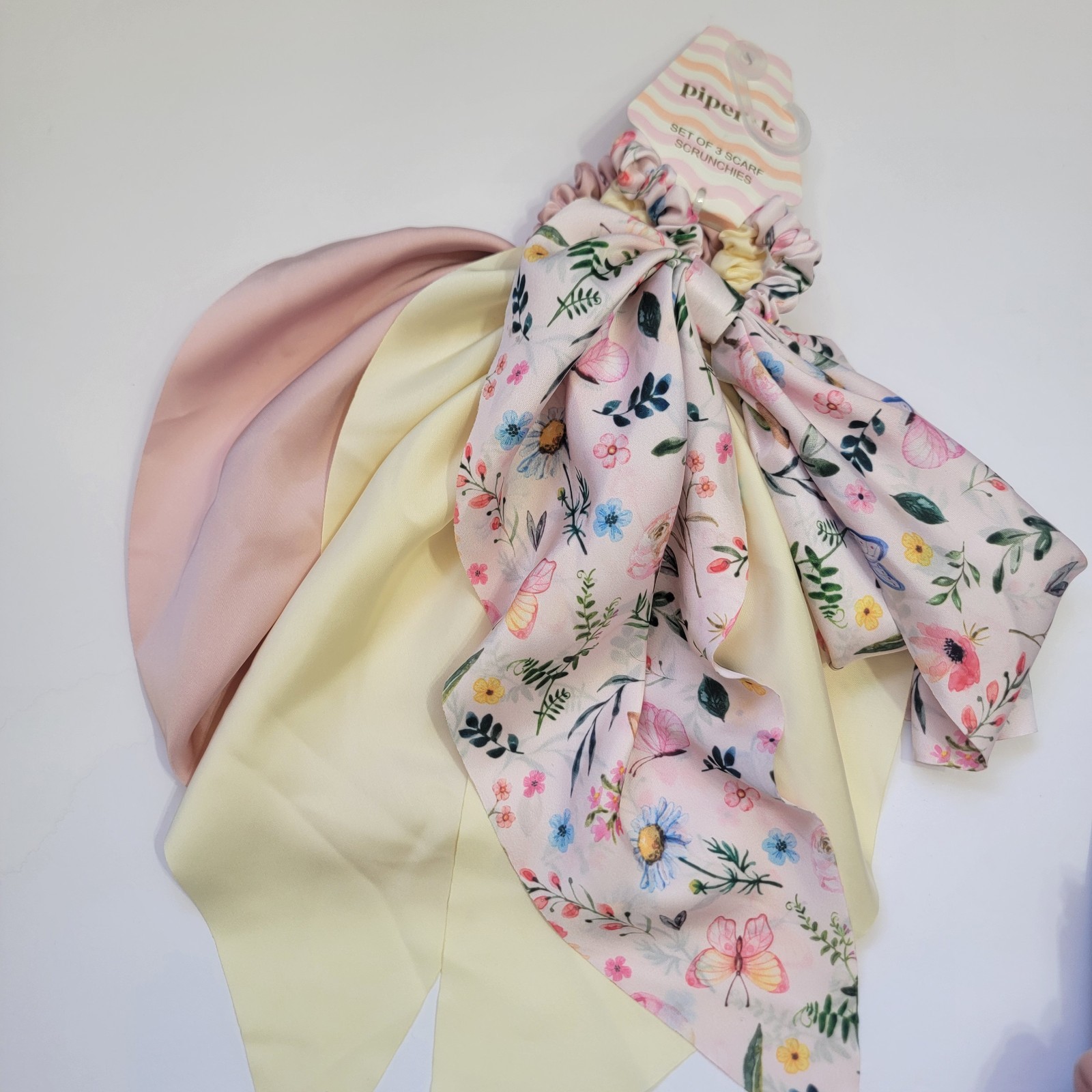 Piper K Butterfly Floral Scarf Scrunchies & Gingham Flat Hair Claw Clip 5 Set