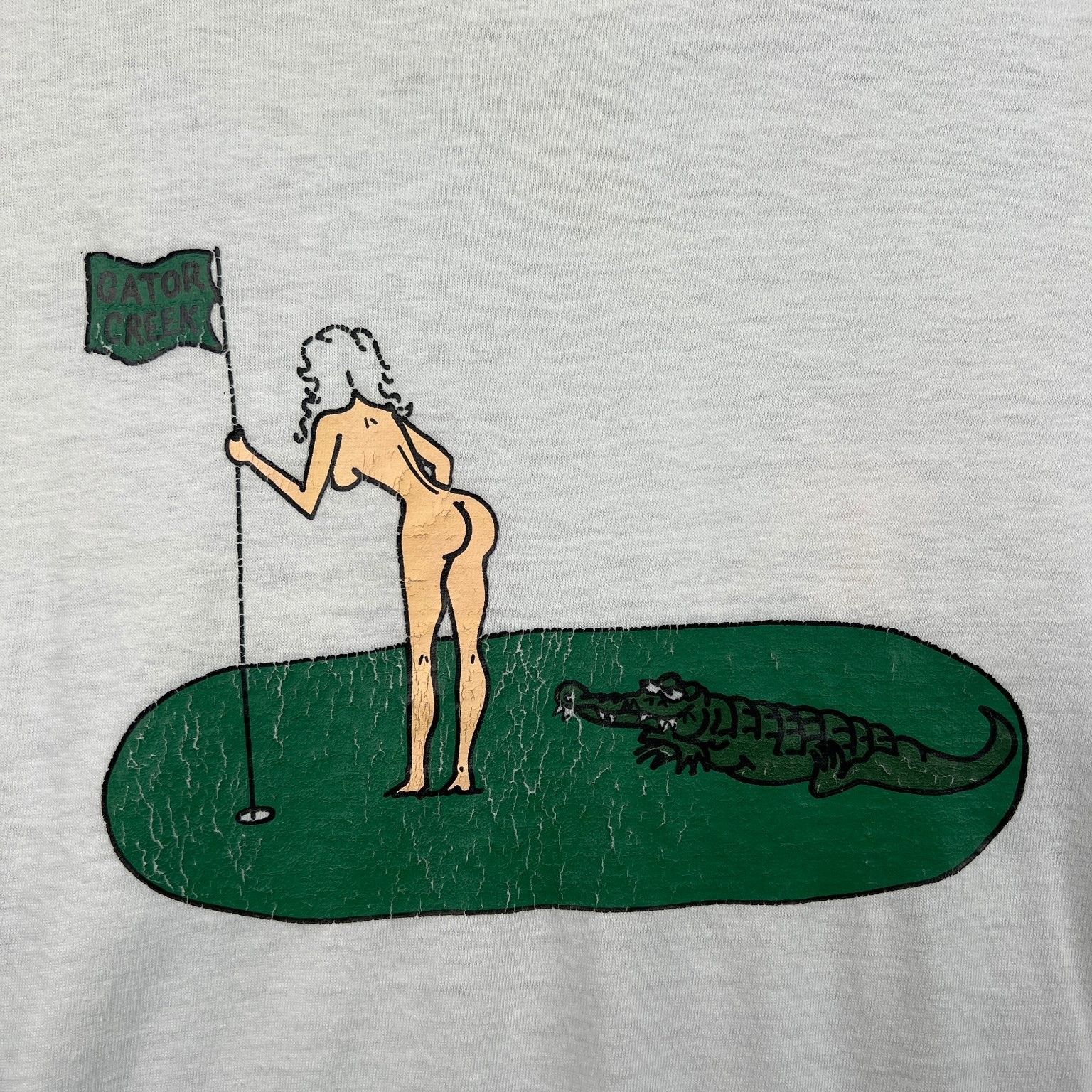 VTG Gator Creek Nude Lady Alligator Golf T Shirt Men’s M White Paper Thin 70s