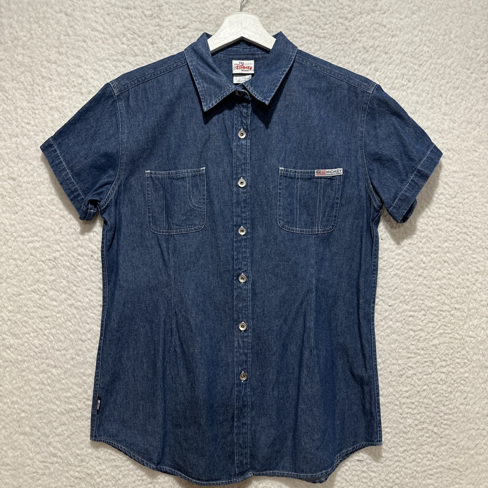 VTG Disney Store Women’s L Blue Denim Button-Down Shirt Chest Pocket Logo