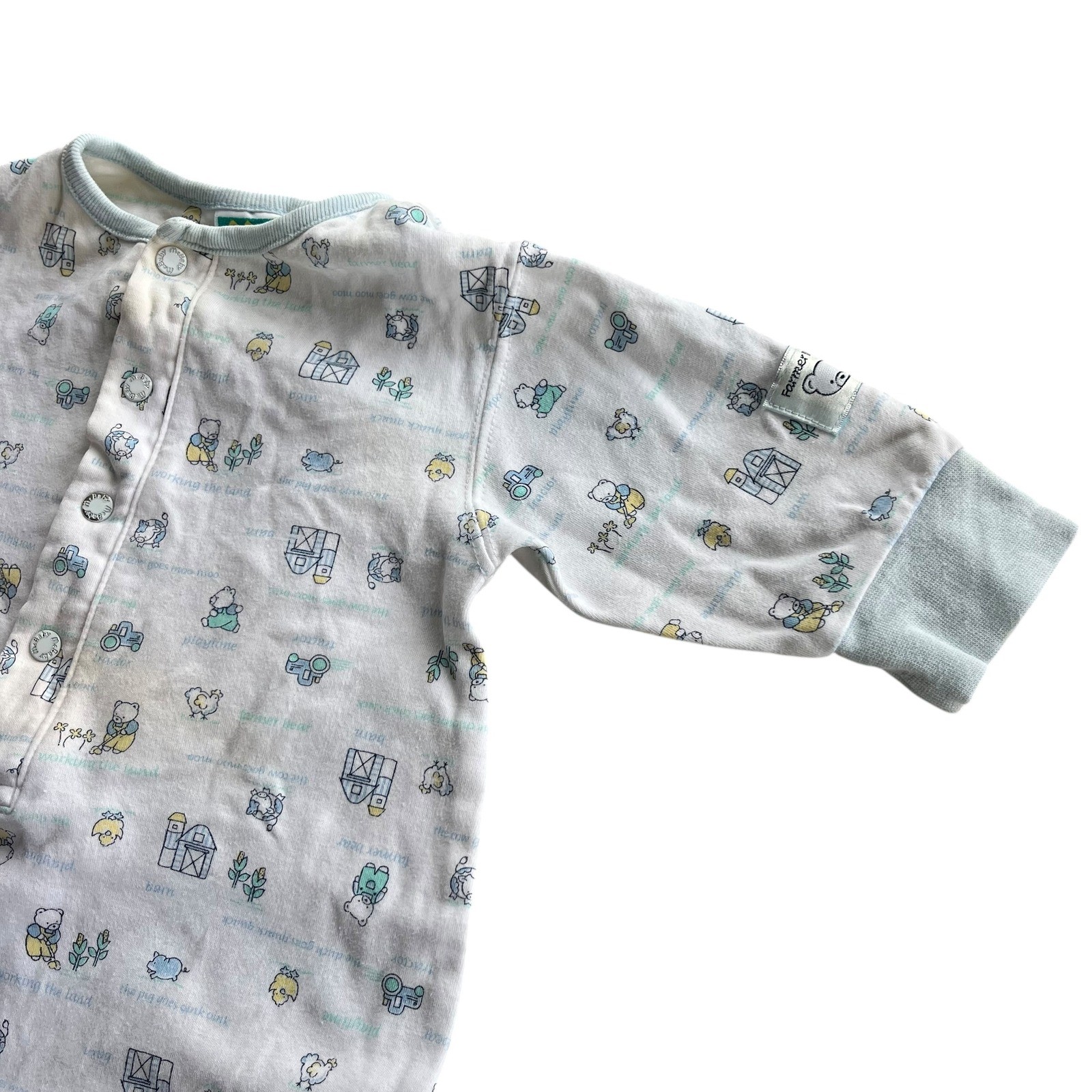 McBaby 6-9 M White Blue Farmer Bear Animal Tractor Print Romper Jumpsuit Vintage