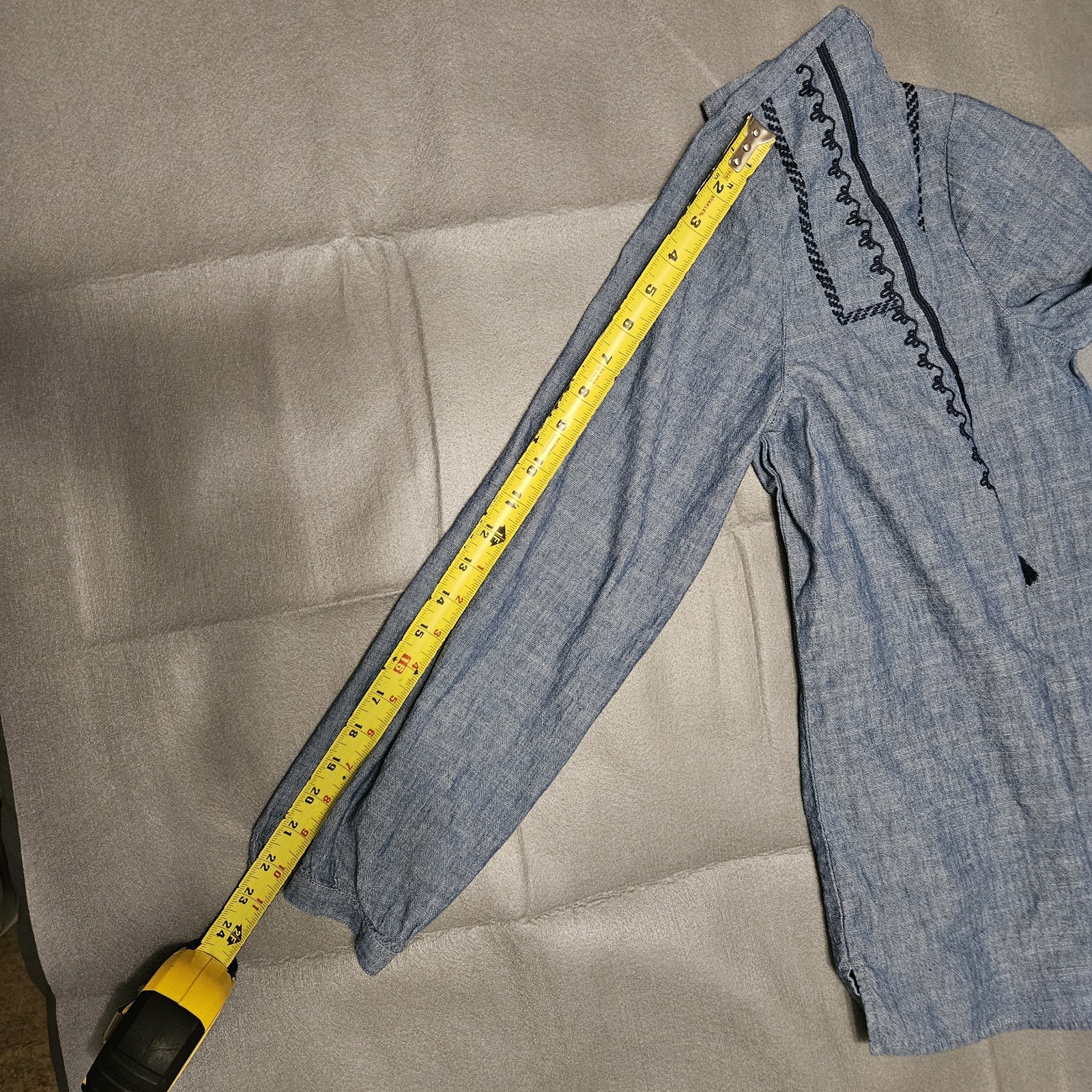 J.CREW Mercantile Blue Chambray Embroidered Tassel Tie Split Neck Blouse M