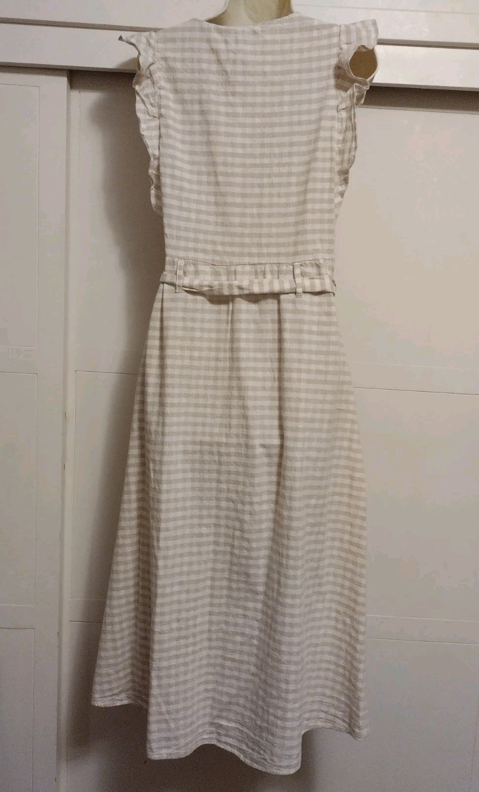 Zara Womens Plaid Ruffle Sleeveless Dress Maxi Linen Blend Beige White Size M