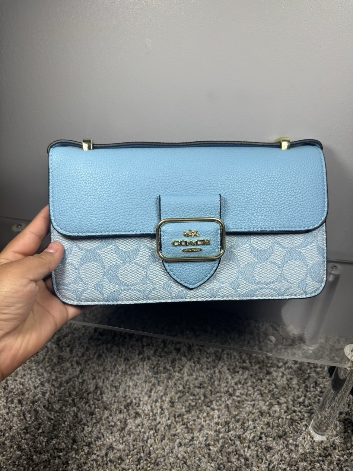 Coach Signature Logo Light Blue Crossbody Bag Magnetic Closure Detachable Strap