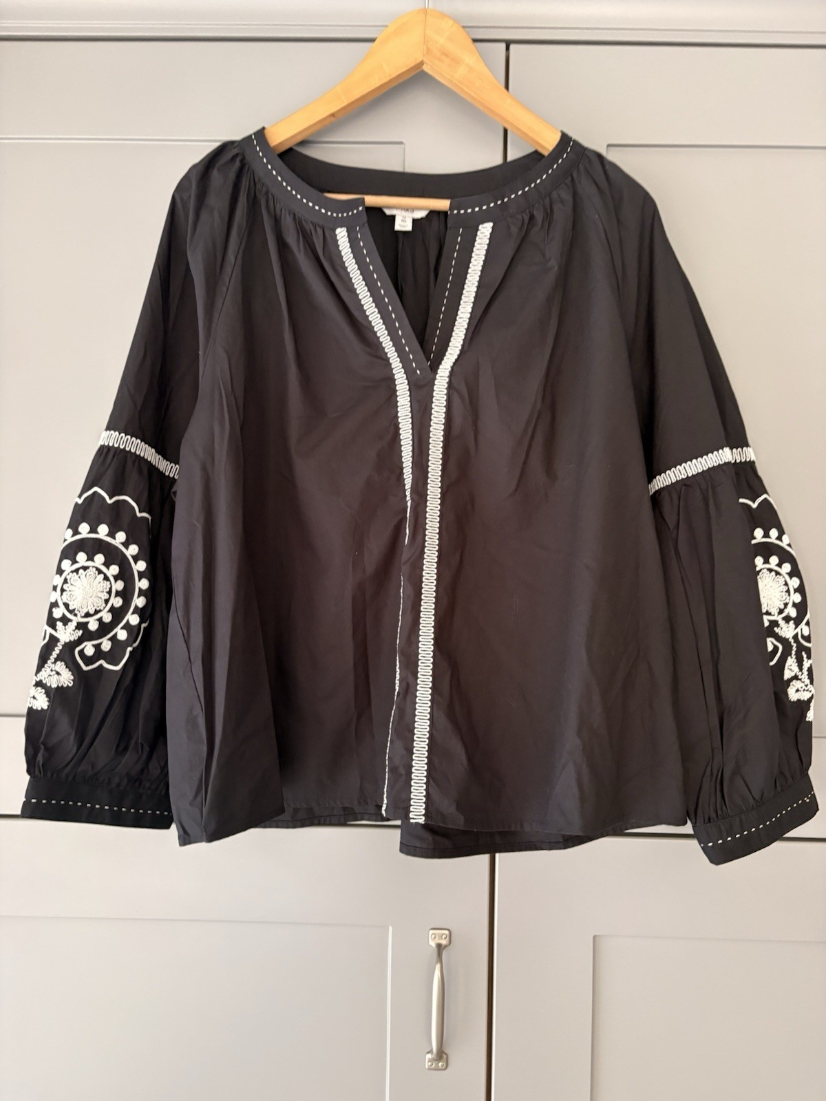 M&S 100% Cotton Black & White Embroidered Smock Top Size 12 Boho Blouse