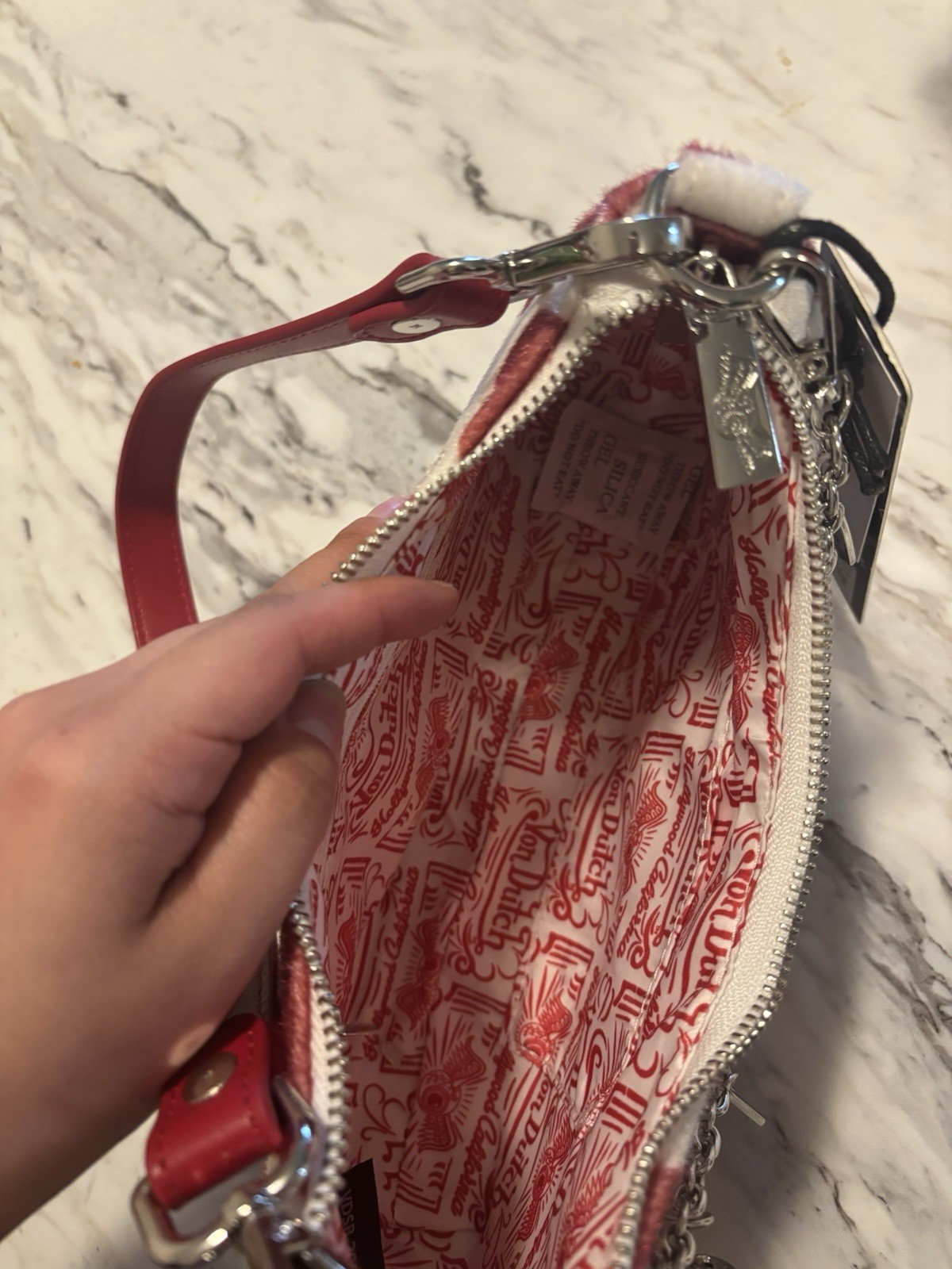 Von Dutch Small Cow Print Shoulder Bag Zip Closure Chain Strap Charm Pockets