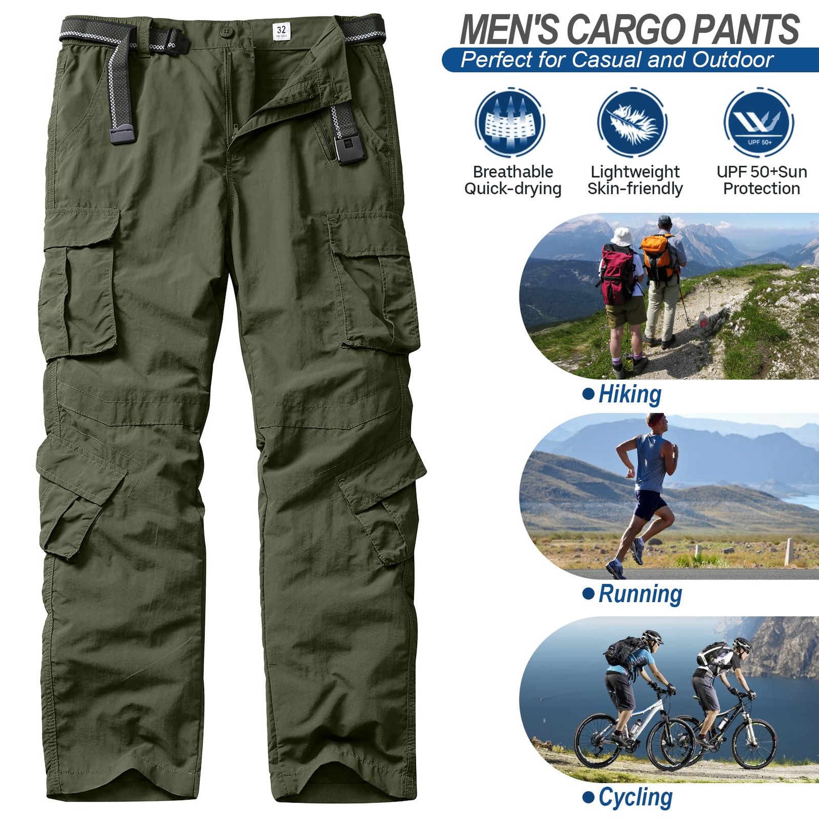 Men’s Lightweight Quick Dry Hiking Cargo Pants with 8 Pockets, Army Green, 32