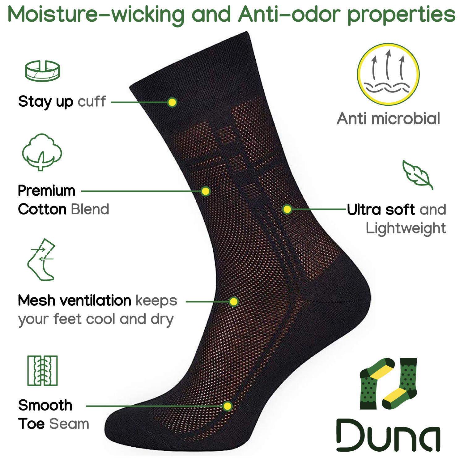 Duna Mens Black Dress Socks Ultra Thin Breathable Cotton Lightweight Socks 5 pcs
