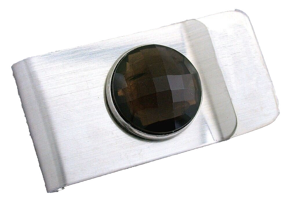 Round Checkerboard Smoky Quartz 18mm Cab Steel 2 Inch Money Clip PMC121/21324