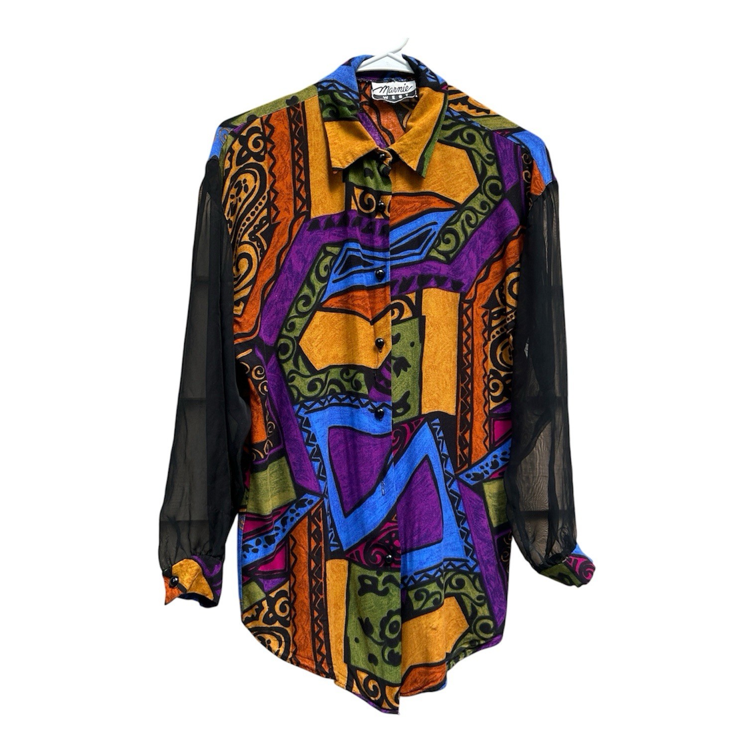 90s Vintage Marine West Jewel Tone Abstract Print Sheer Sleeve Button Up Blouse