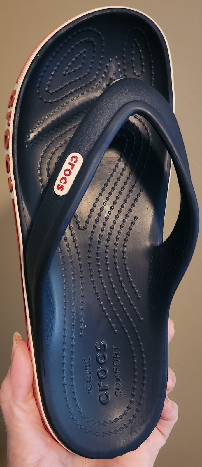 Crocs Bayaband Thong Flip Flops Navy, Pepper & White Men’s 7/Women’s 9 – READ