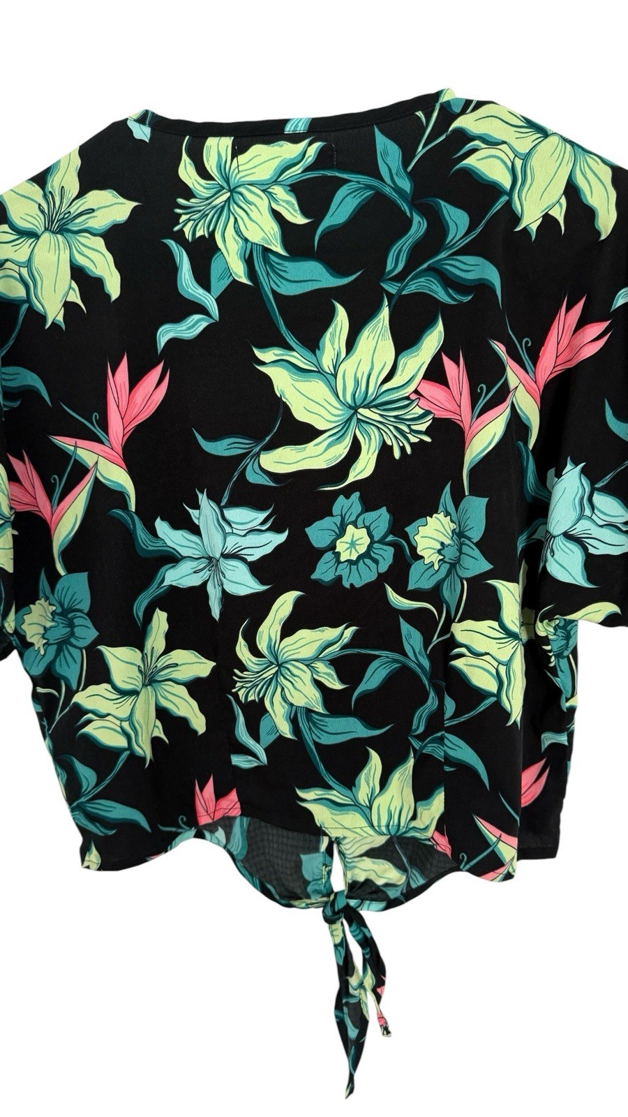 Tamara Black Floral V-Neck Short Sleeve Button Tie-Front Blouse Maternity M