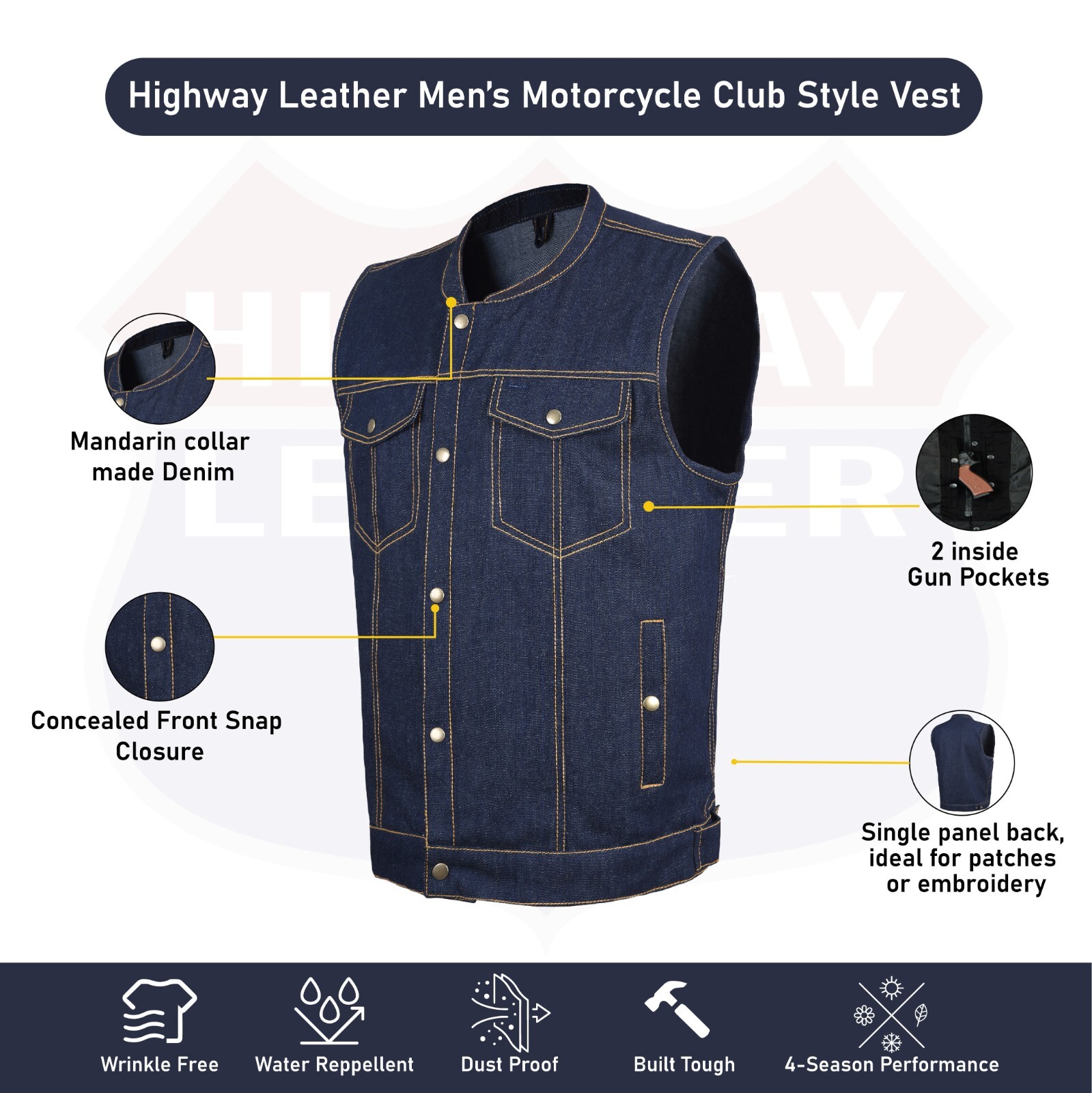 HL21687 Men’s Denim Vest in Blue with Contrast Stitching – 100% Cotton Classic