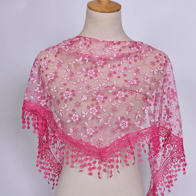 Women Tassel Triangle Scarf Embroidered Lace Floral Shawl Veil Wrap