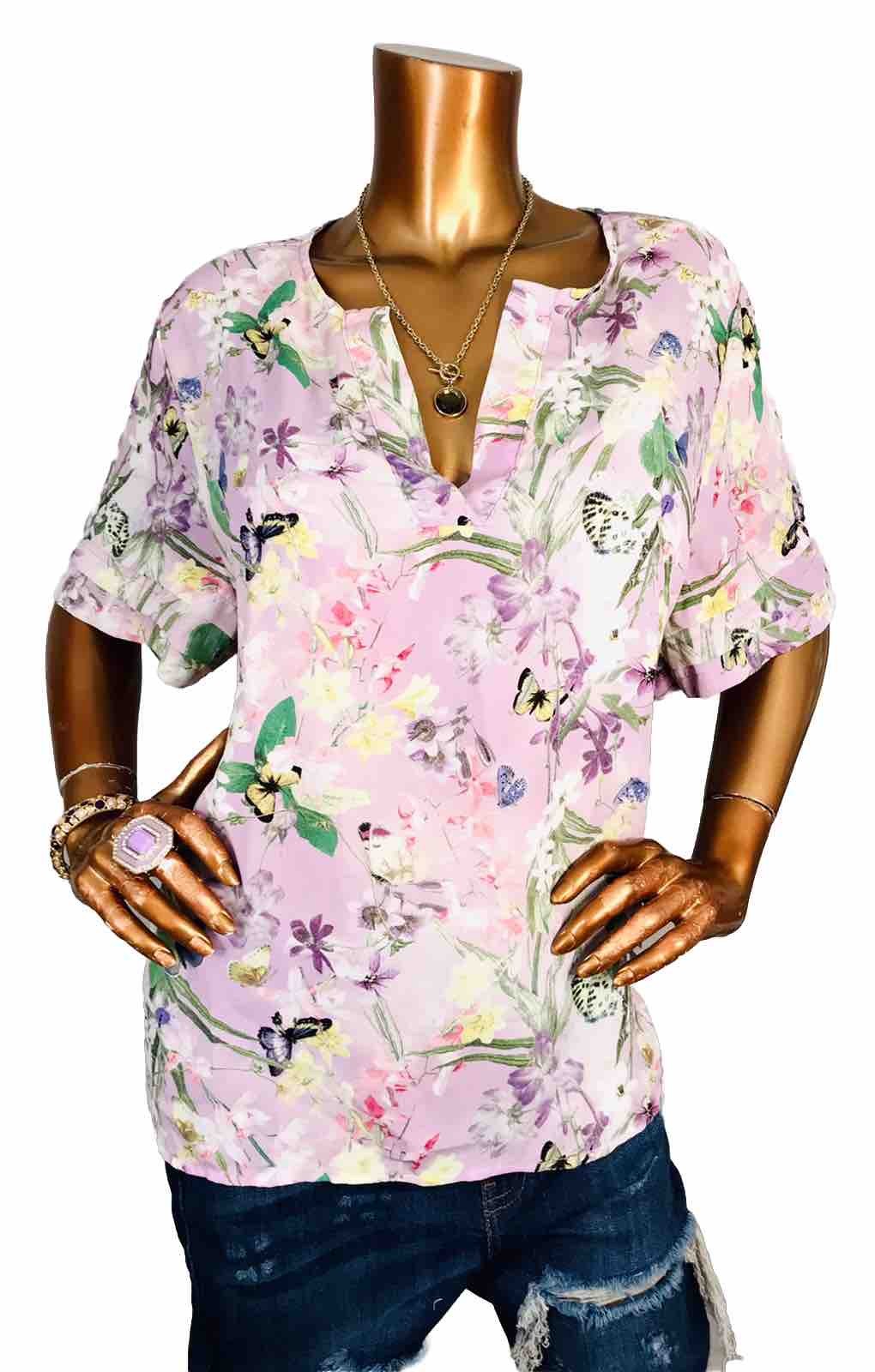 Cynthia Rowley 1X Plus Top Floral Prints Short Sleeves Summer Blouse Low V Cut