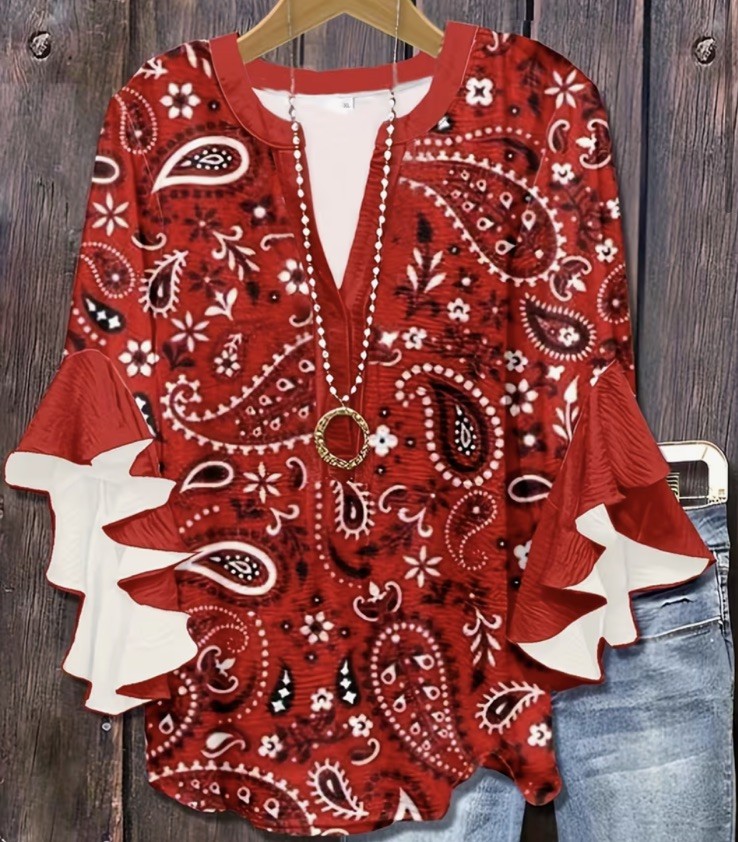 2XL Red Paisley Bohemian Tunic Blouse with Ruffle Bell Long Sleeves for Women
