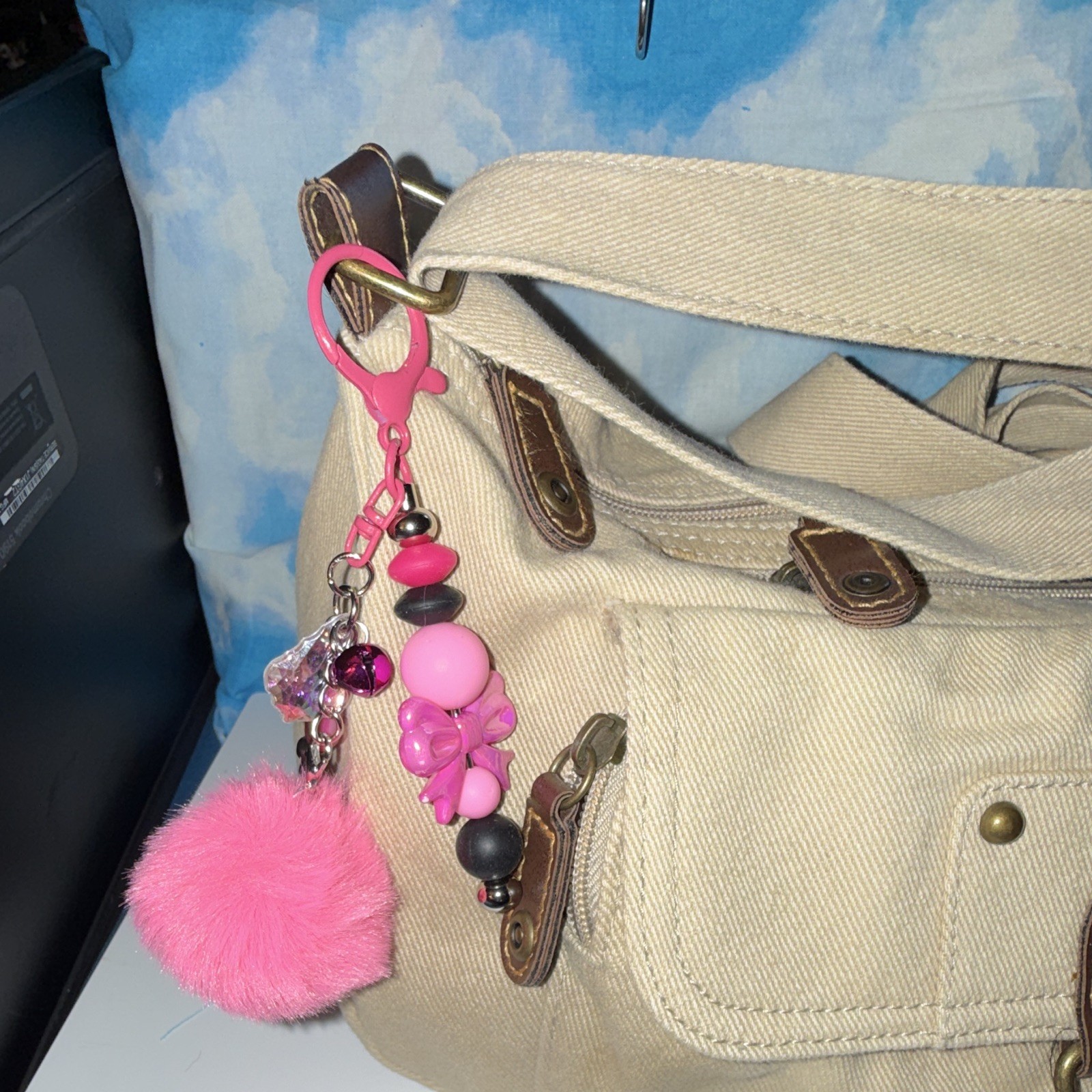 Pink Beaded Bow & Pom Pom Key Chain/Bag Charm w/Detachable Clip Keyring