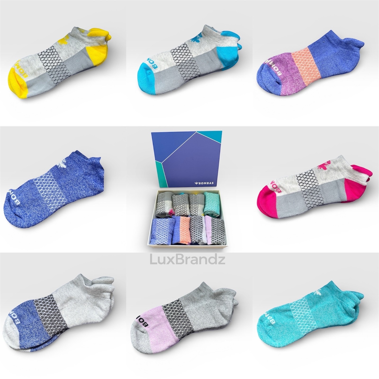 8-Pack Bombas Gift Box Tri-Color Ankle Socks (8-Pairs) – Women Size Large
