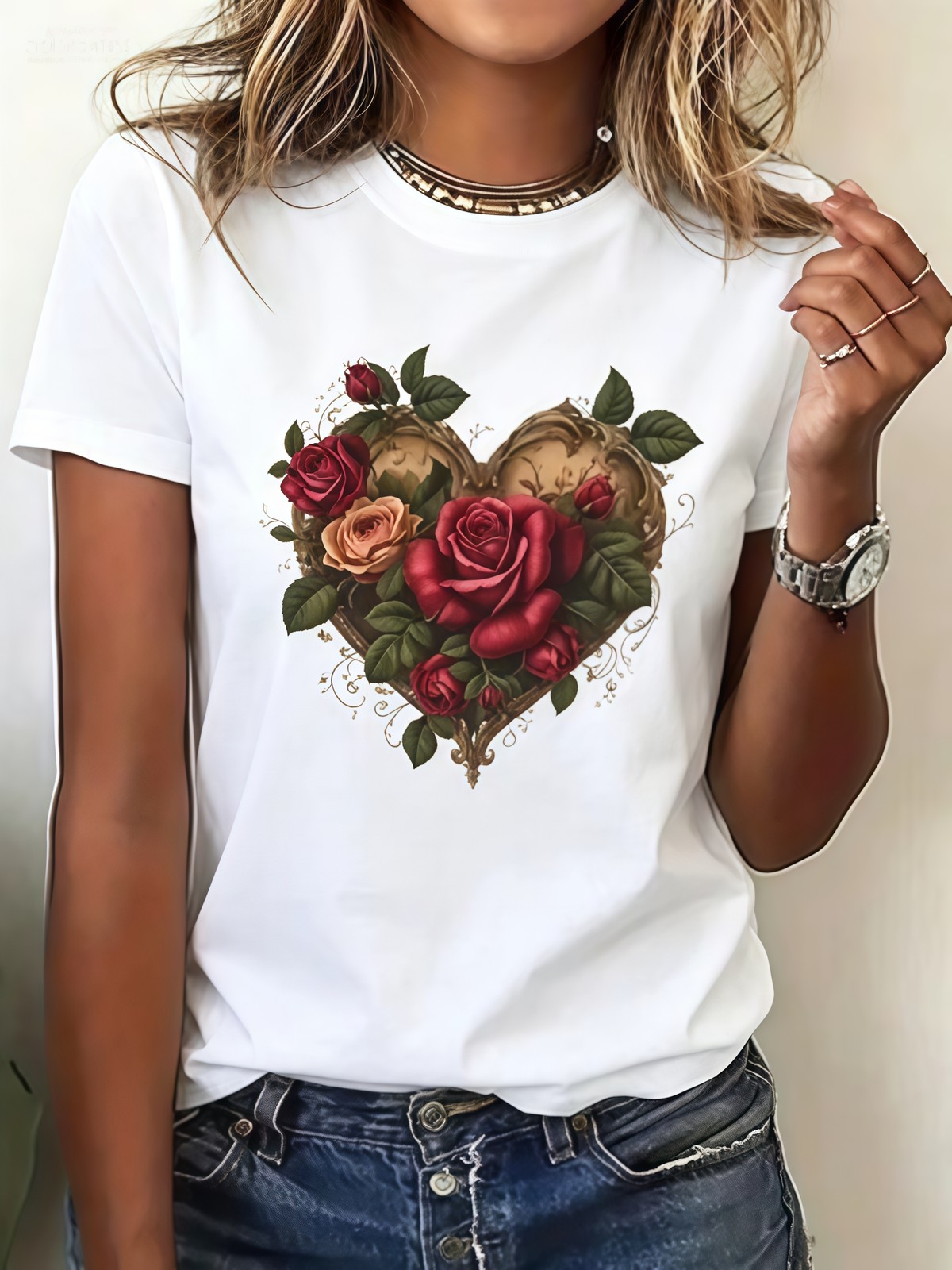 Women Vintage Floral Heart Graphic T-Shirt Rose Flower Casual Crew Neck Tee Top