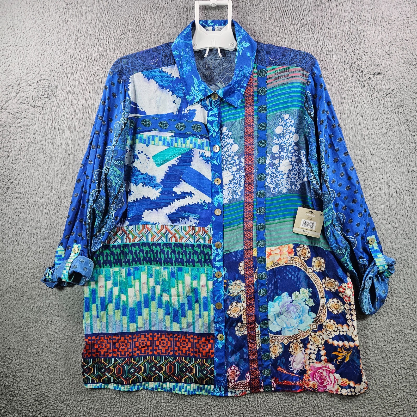 $119 NEW John Mark Shirt Top Women 1X Button Up Geometric Print Blue Tone