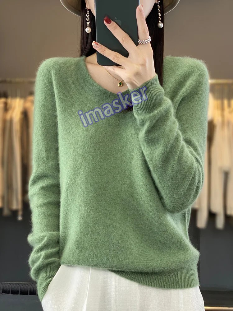 Women’s V-neck Pullover Sweater Knitwear Soft Warm Cashmere Loose Grace Style
