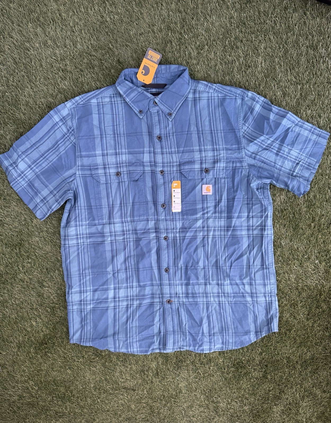 Carhartt Men’s Medium Loose Fit Midweight Short-Sleeve Plaid Shirt Storm Blue