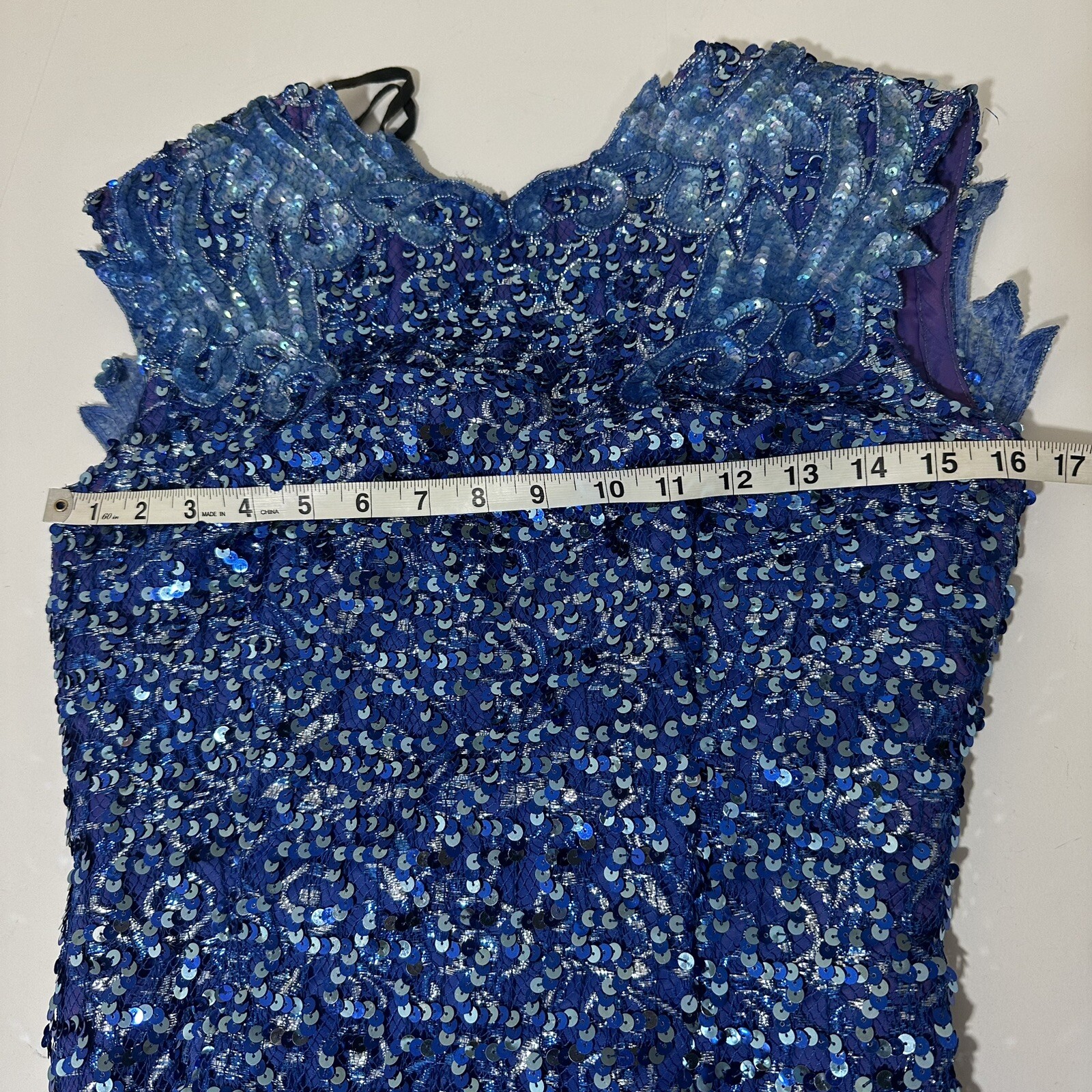 Vtg 70s Embellished Sequined Dress Party Cocktail Blue Full Length Prom Eras 10