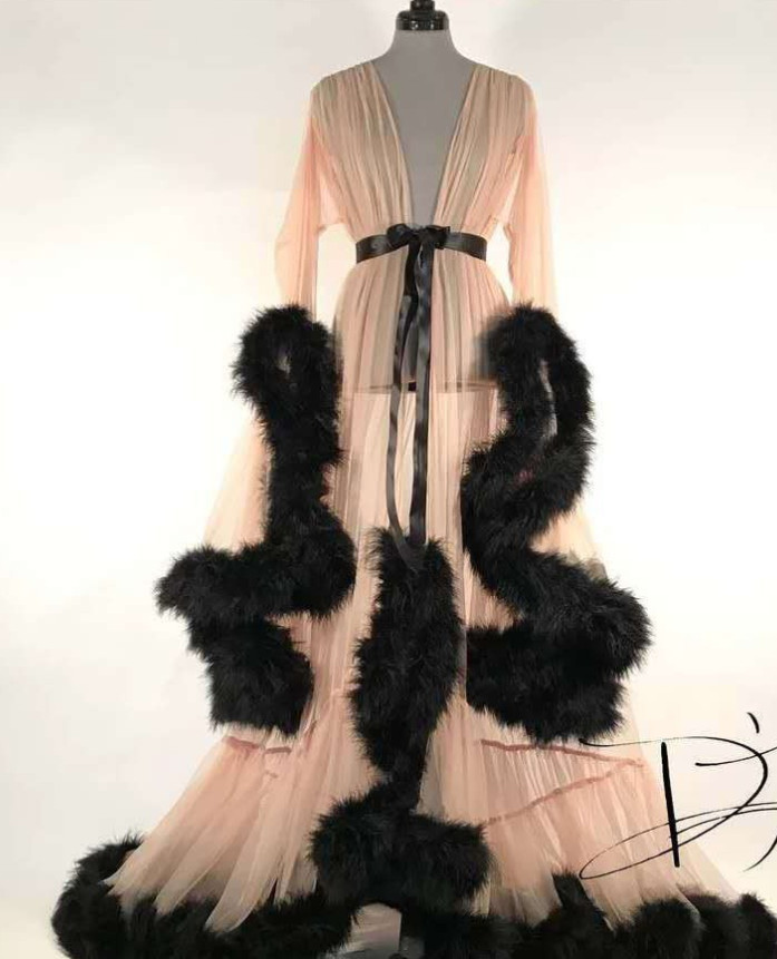 Sheer Tulle Feather Trim Long Robe Bridal Lingerie Dressing Gown Photoshoot