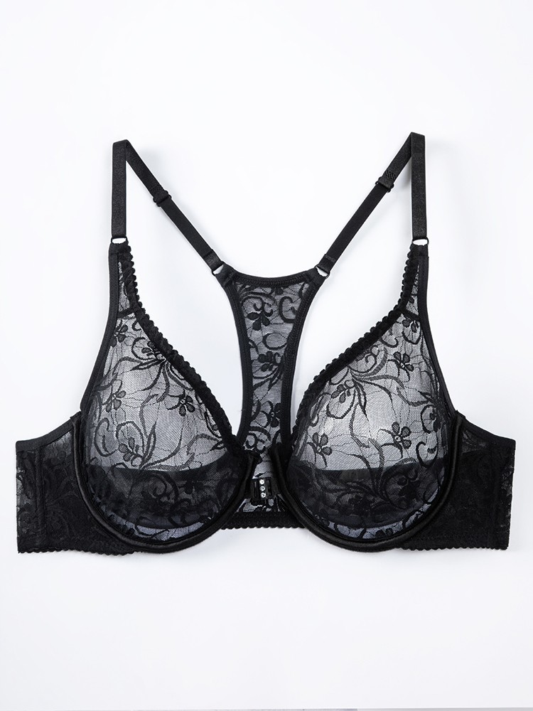 Ultra-thin Bra Front-fastened Lace Racer Back Underwire Brassiere Sissy Lingerie