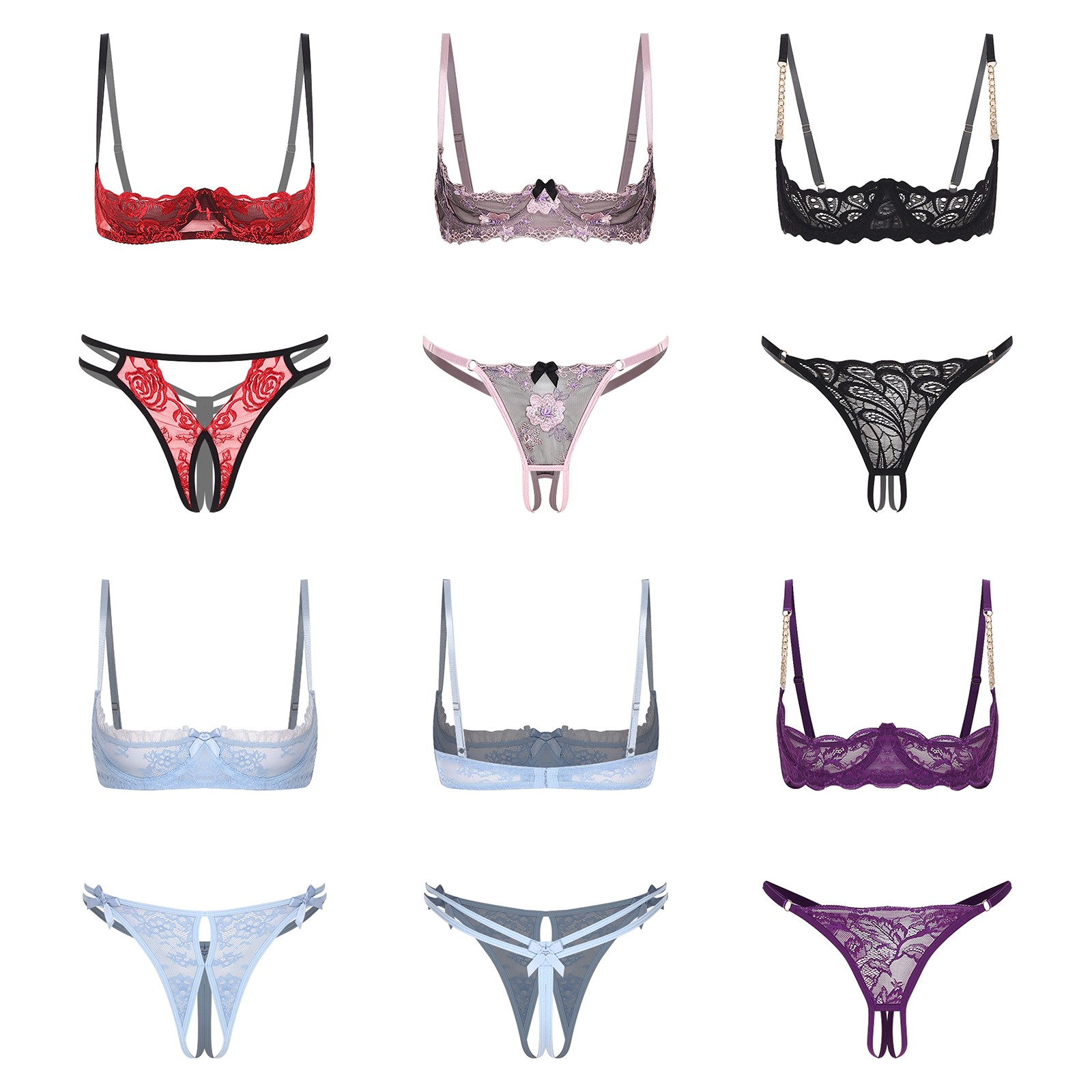 Women Floral Lace Lingerie Set Push Up 1/4 Cup Underwired Bra Crotchless Panties
