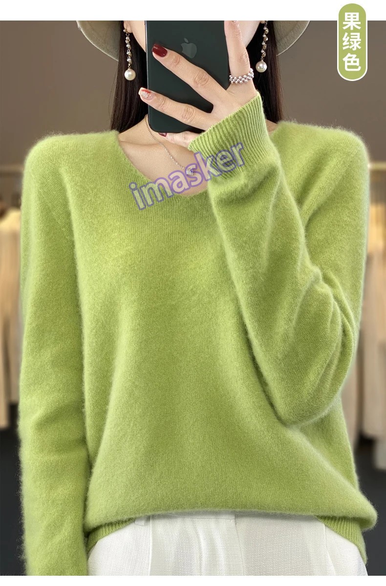 Women’s V-neck Pullover Sweater Knitwear Soft Warm Cashmere Loose Grace Style