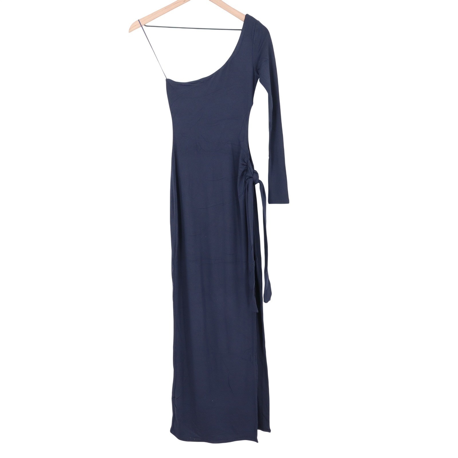 Naked Wardrobe Navy Blue One Shoulder Maxi Dress Small Side Slit Tie