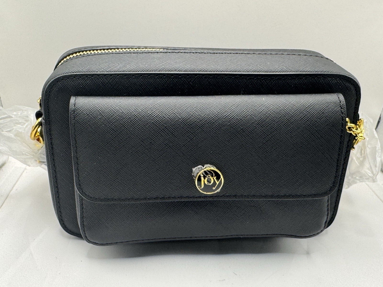 JOY Black Saffiano Crossbody Bag Zip Gold-Tone Hardware, Adjustable Strap, Pouch