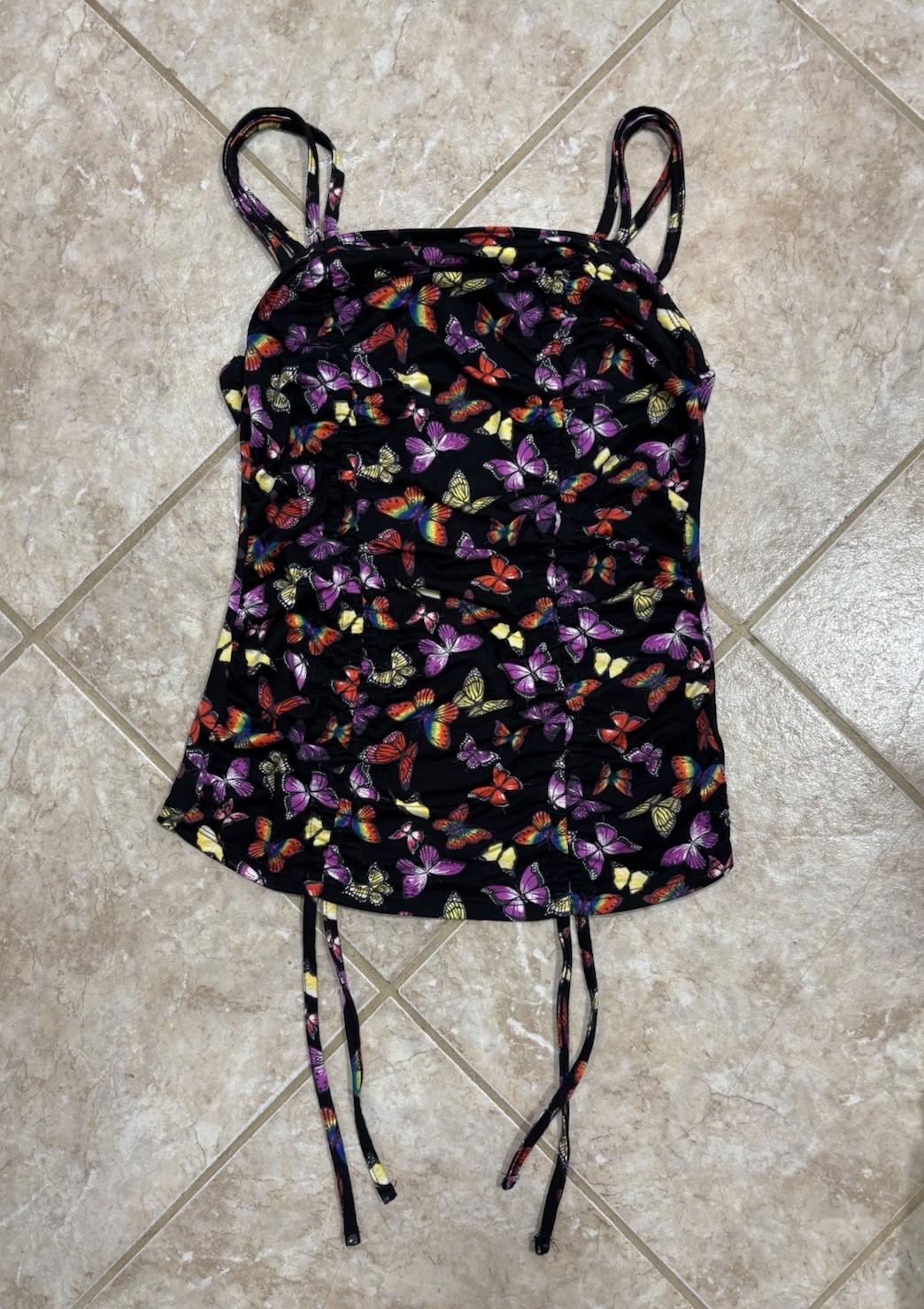 Small Black Drawstring Corset Top Butterfly Ruched Front