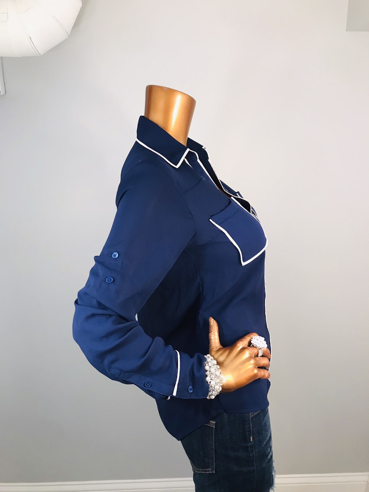 Express Portofino S Top Navy White Logo Button Up Shirt Long Sleeves Low Cut