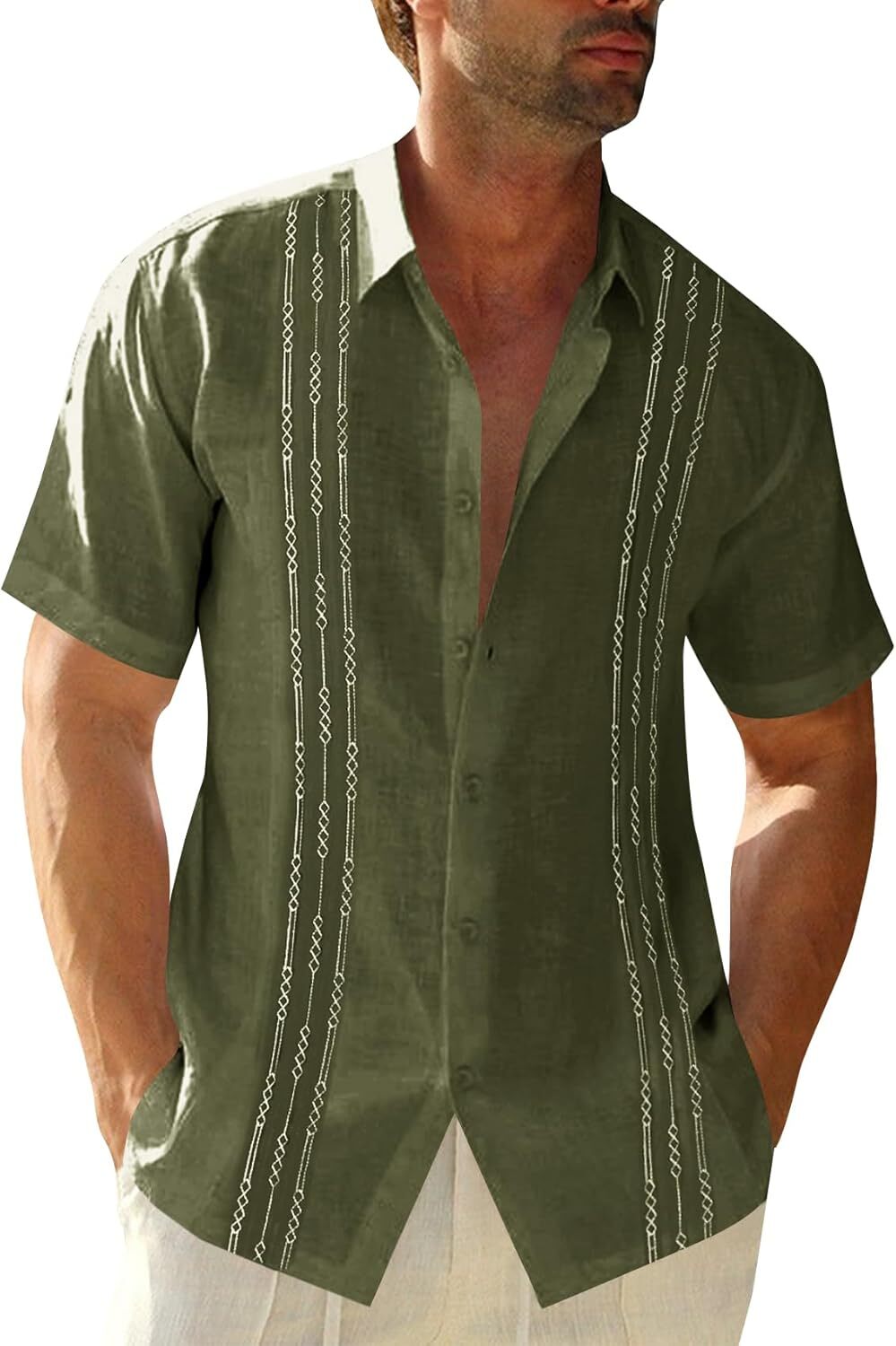 Mens Guayabera Shirt Linen Cotton Embroidered Short Sleeve Cuban Wedding Beach