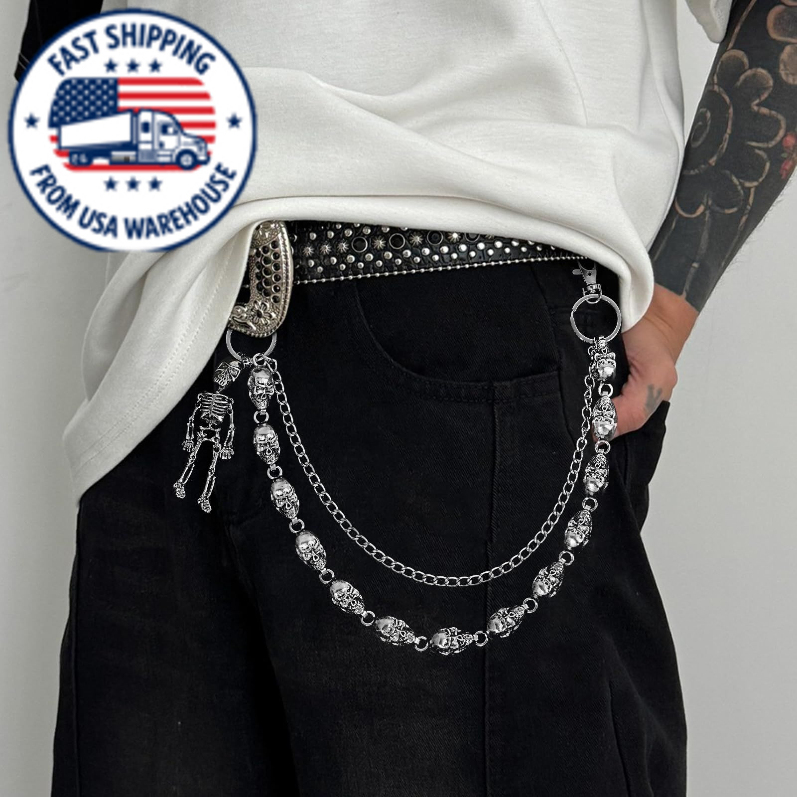 2 PCS Skull Pants Chain for Men Women Wallet Chains Standard, Silver
