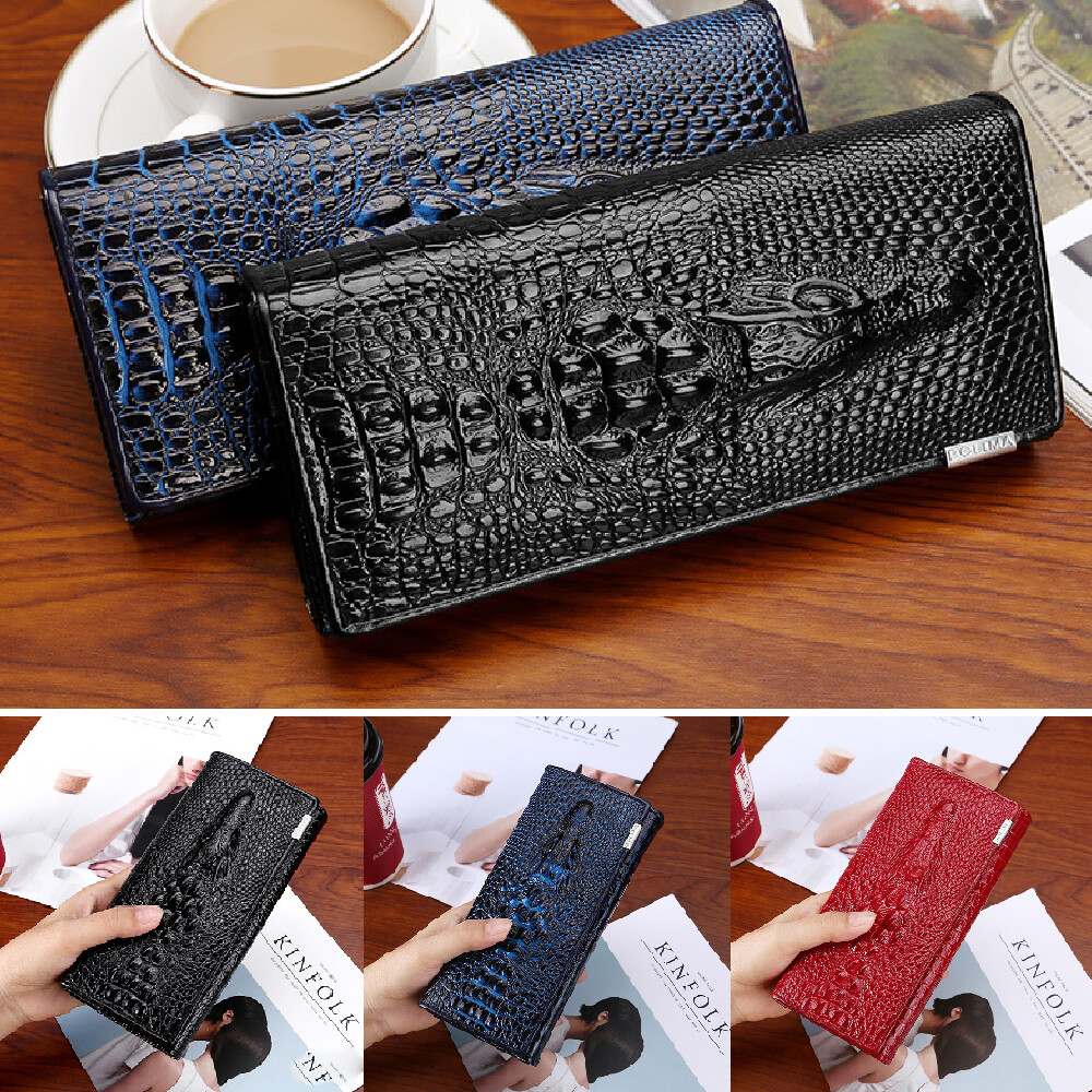 Women Long Crocodile Genuine Leather Clutch Wallet Card Holder Purse Handbag US