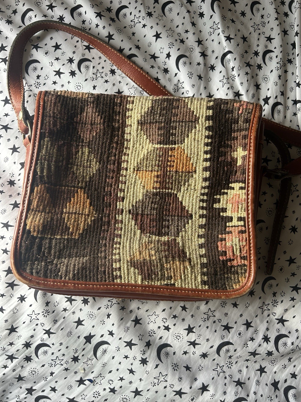 Vintage Genuine Kilim Wool Leather Woven Crossbody Shoulder Bag Made in Turkey