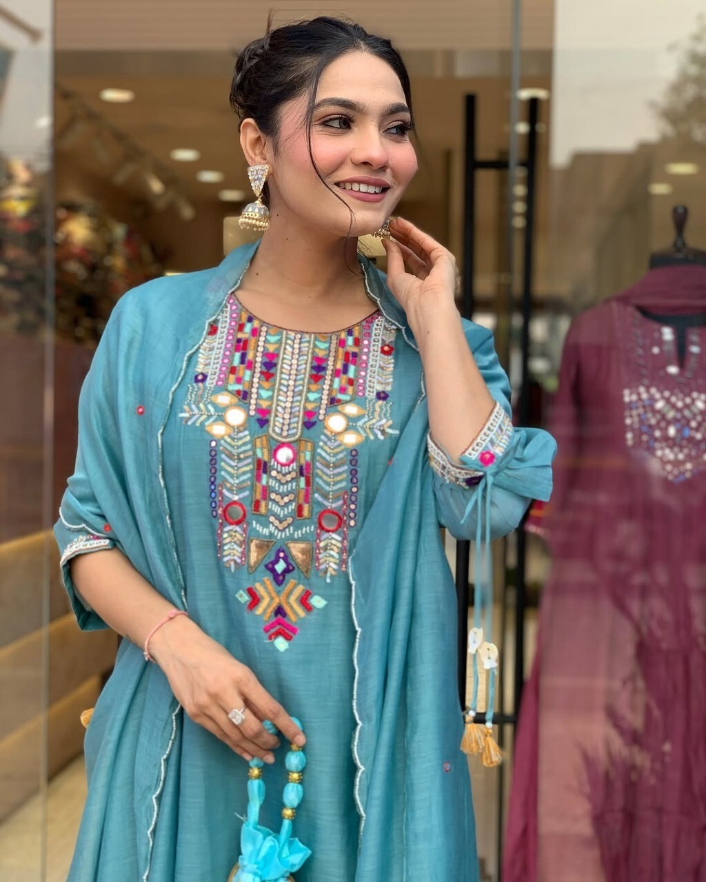Indian Women Chanderi Silk Anarkali Kurta Pant Dupatta Set Kurti Salwar Kameez