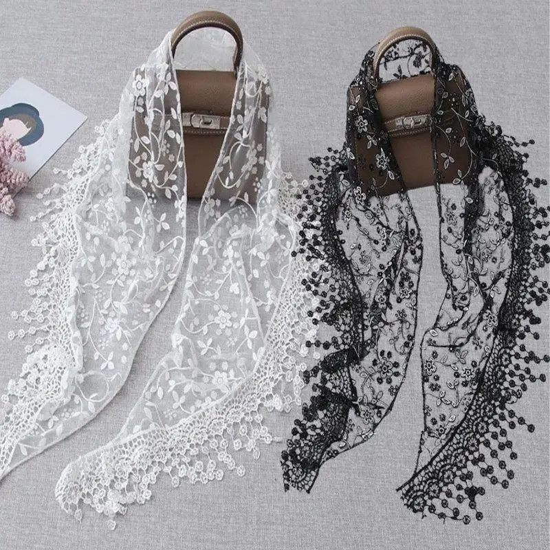 Women Tassel Triangle Scarf Embroidered Lace Floral Shawl Veil Wrap