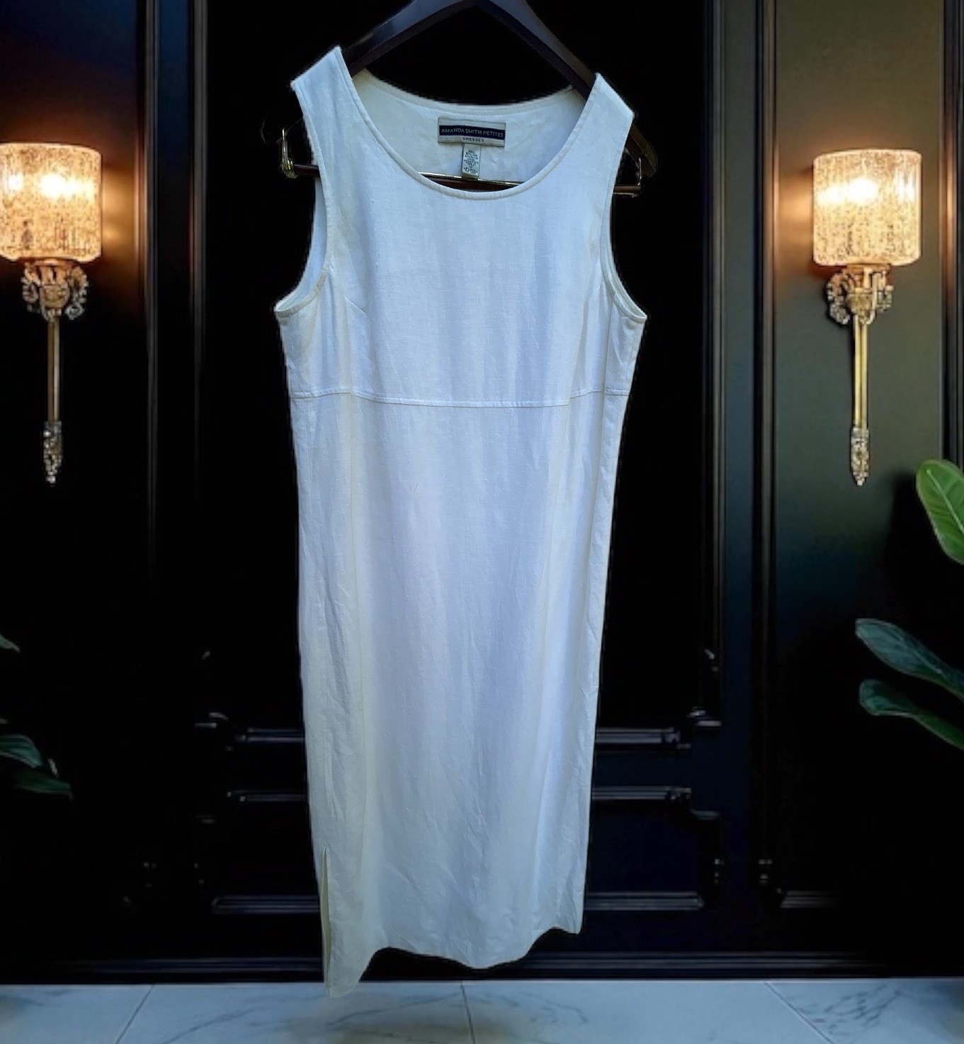 White Linen Blend Sheath Dress Petite 12 Sleeveless Lined Coastal Grandmother