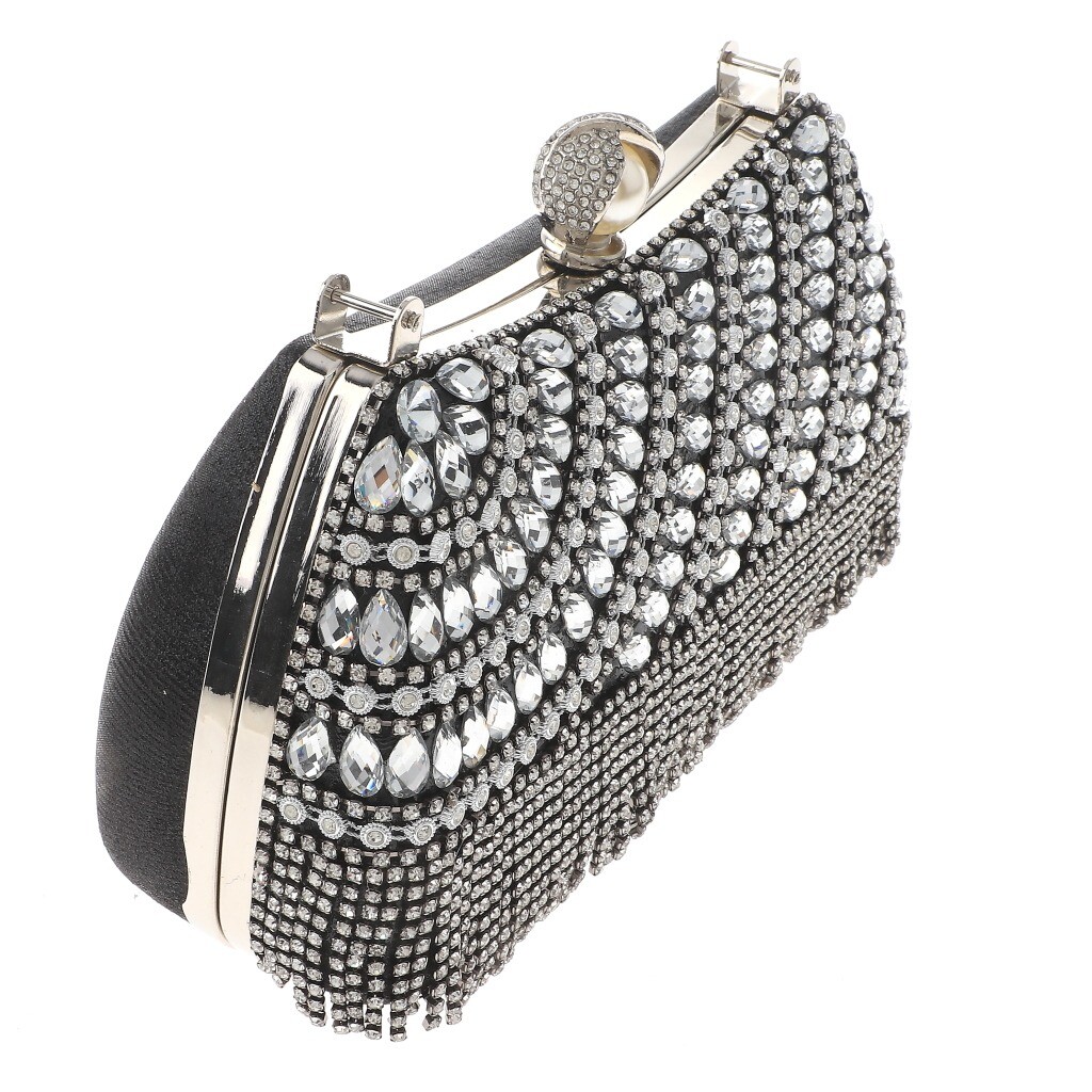 Silver Tone Fashion Satin Fabric Clutch Evening Bag With Rhinestone TLX199-BLK
