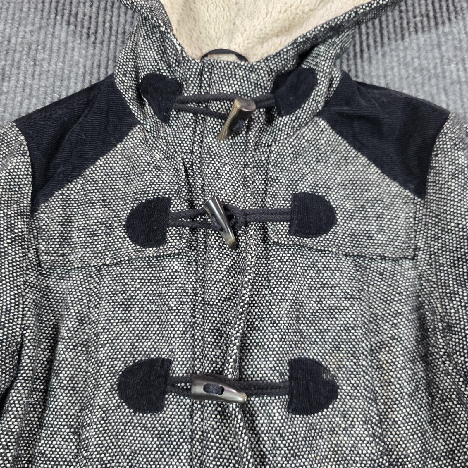 PrAna Coat Womens Small Gray Tweed Hooded Toggle Parka Lined Insulated Pockets