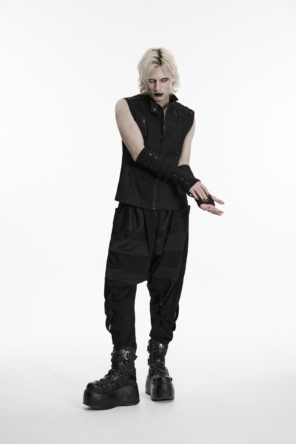 Punk Rave Men Black Goth Cyberpunk Rivets Gloves Steampunk Long Cuff Arm Warmer