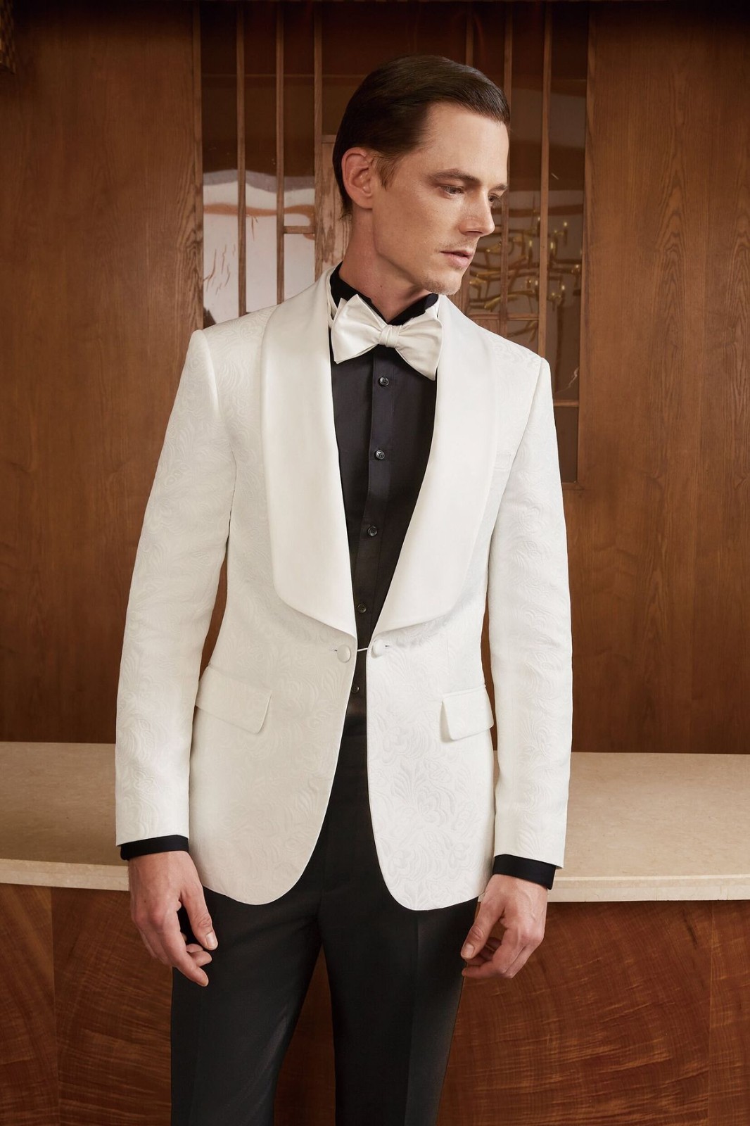 White Jacquard Business Men’s Tuxedos Slim Fit Evening Dinner Blazer Jacket Coat