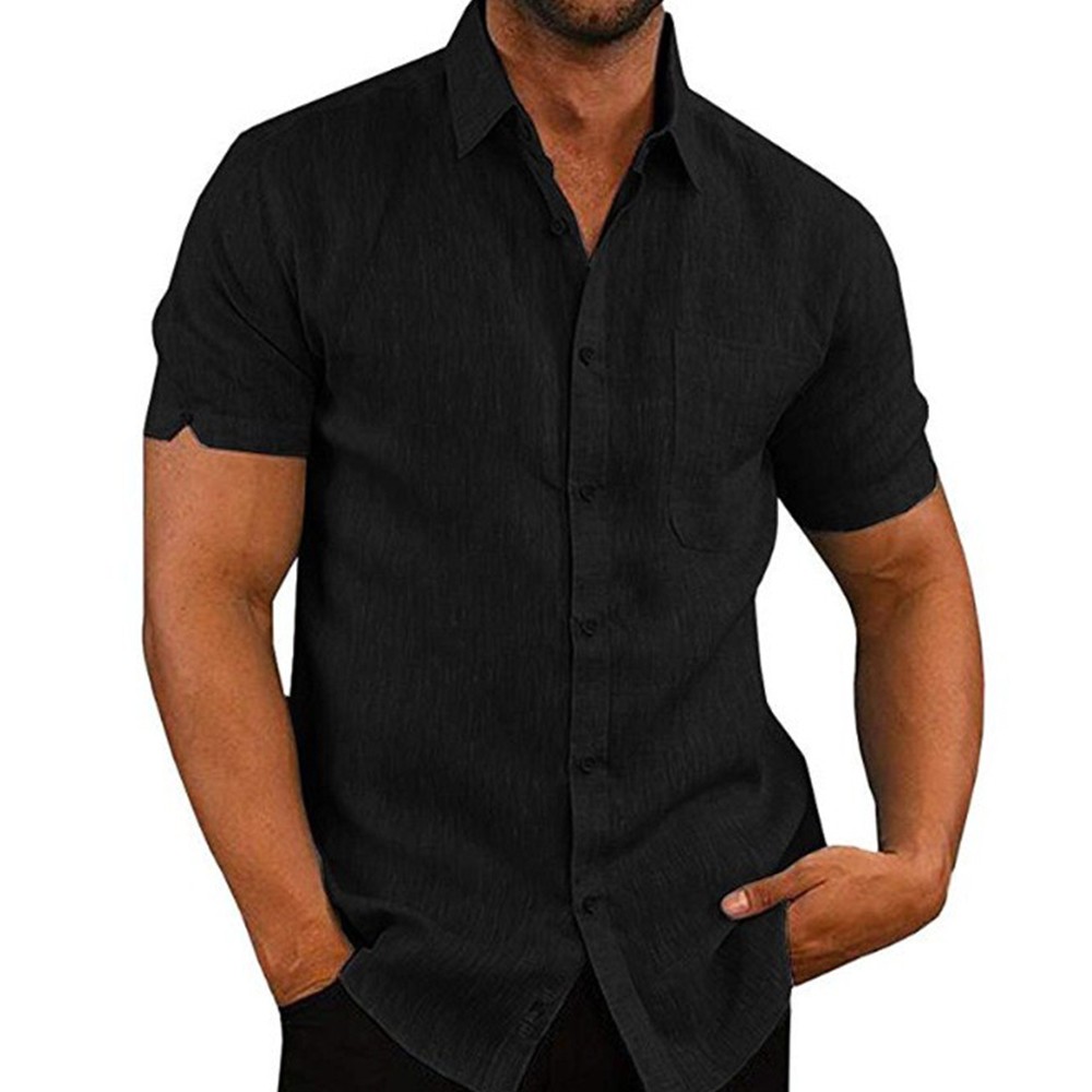 Mens Solid Short Sleeve Button Turn Down Collar Casual Blouse Casual T-shirt Top