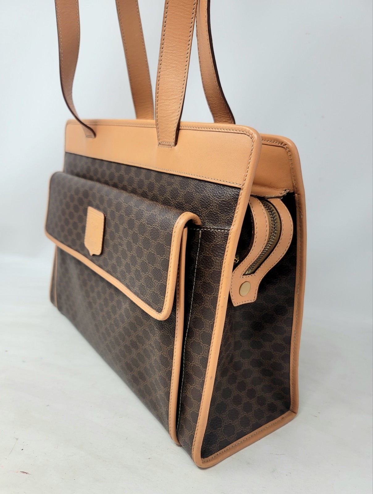 Celine Triomphe Brown Canvas Leather Large Shoulder Hand Bag Authentic Vintage