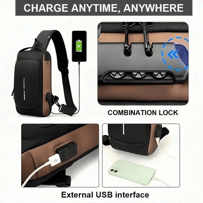 Men Anti Theft Chest Bag USB Charging Crossbody Sling Shoulder Travel Pack