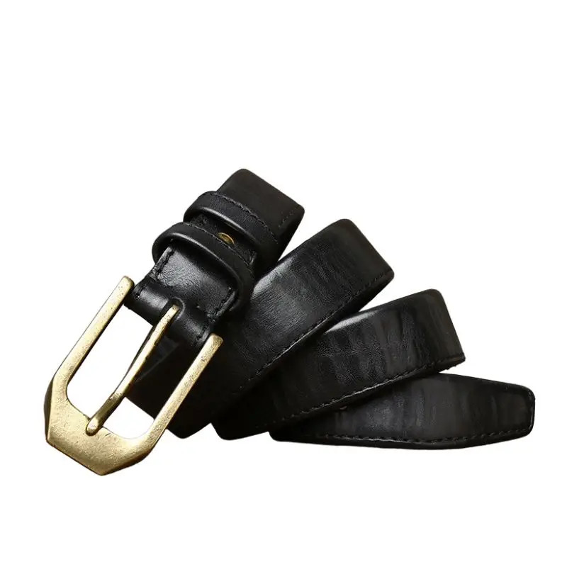 3.8CM Double Sided Full Grain Leather Belt Mens Pin Buckle Thick Cowhide Brass