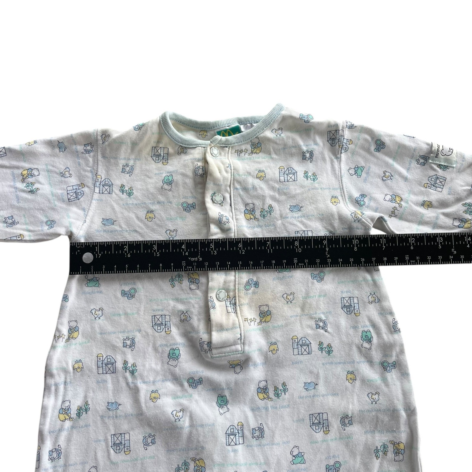 McBaby 6-9 M White Blue Farmer Bear Animal Tractor Print Romper Jumpsuit Vintage